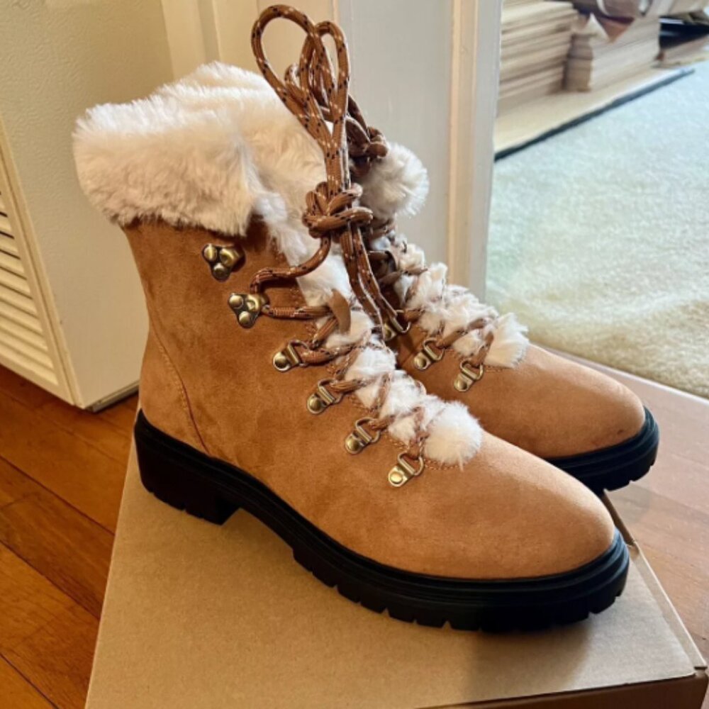 J Crew Faux-Fur Winter Hiking Boots Women's size 10.5 Brown Chestnut with Box